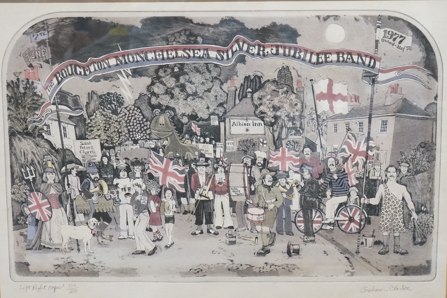 Graham Clarke (b.1941), 'Left right oops!' and 'December', two etchings with aquatint, each signed in pencil and limited edition, largest 38 x 57cm